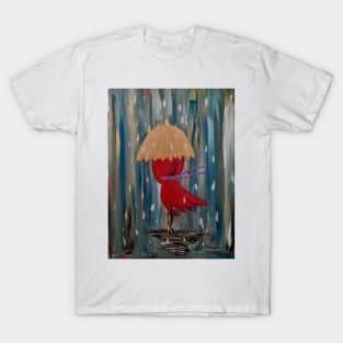 Lady walking in rain with her red button heals . T-Shirt